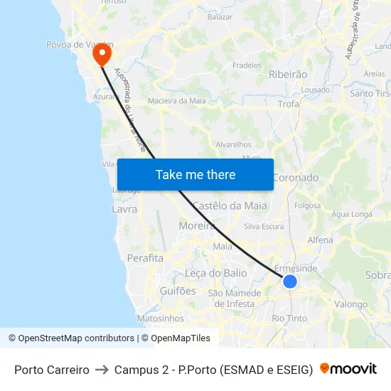Porto Carreiro to Campus 2 - P.Porto (ESMAD e ESEIG) map