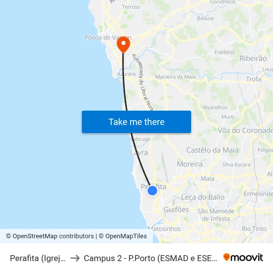 Perafita (Igreja) to Campus 2 - P.Porto (ESMAD e ESEIG) map