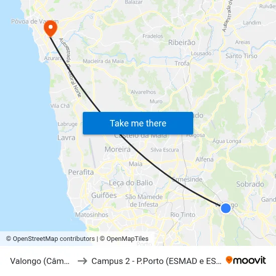 Valongo (Câmara) to Campus 2 - P.Porto (ESMAD e ESEIG) map