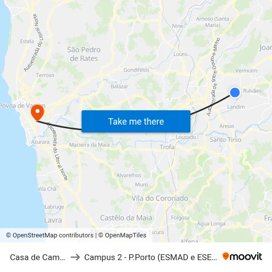 Casa de Camilo to Campus 2 - P.Porto (ESMAD e ESEIG) map