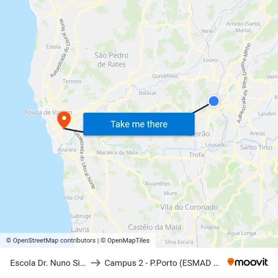 Escola Dr. Nuno Simões to Campus 2 - P.Porto (ESMAD e ESEIG) map