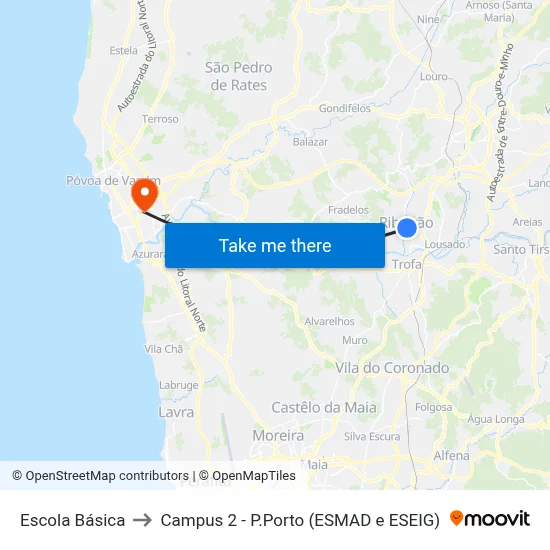 Escola Básica to Campus 2 - P.Porto (ESMAD e ESEIG) map