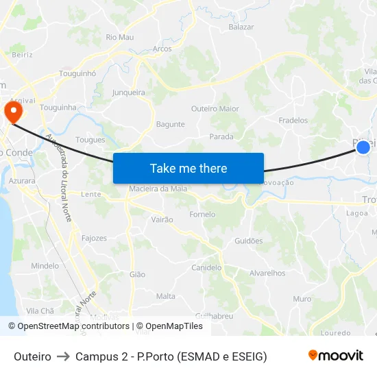 Outeiro to Campus 2 - P.Porto (ESMAD e ESEIG) map