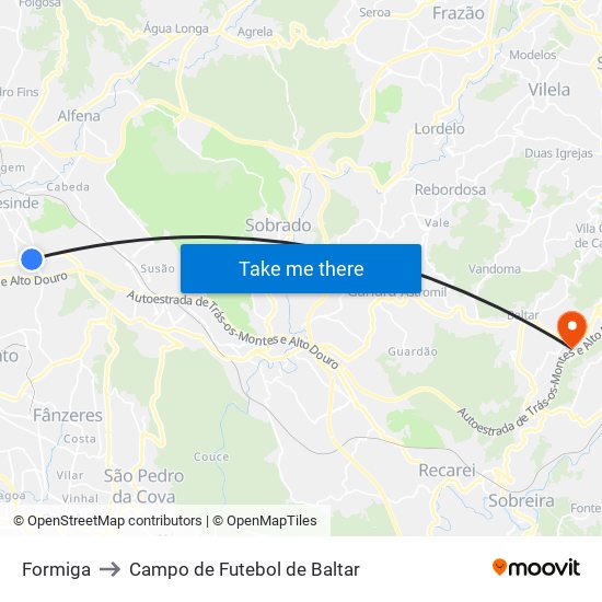 Formiga to Campo de Futebol de Baltar map