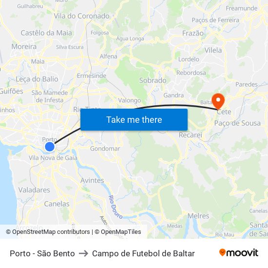 Porto - São Bento to Campo de Futebol de Baltar map