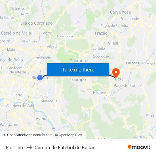 Rio Tinto to Campo de Futebol de Baltar map