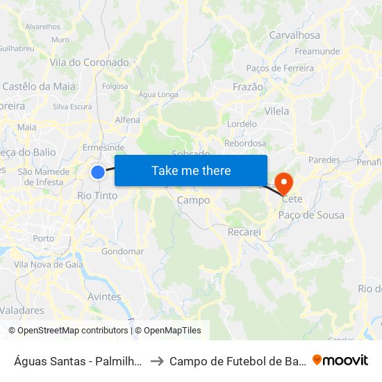 Águas Santas - Palmilheira to Campo de Futebol de Baltar map