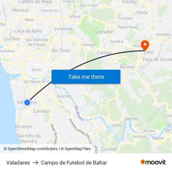 Valadares to Campo de Futebol de Baltar map