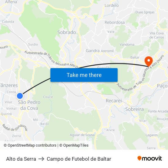 Alto da Serra to Campo de Futebol de Baltar map