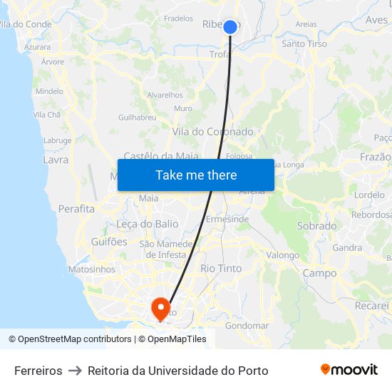 Ferreiros to Reitoria da Universidade do Porto map