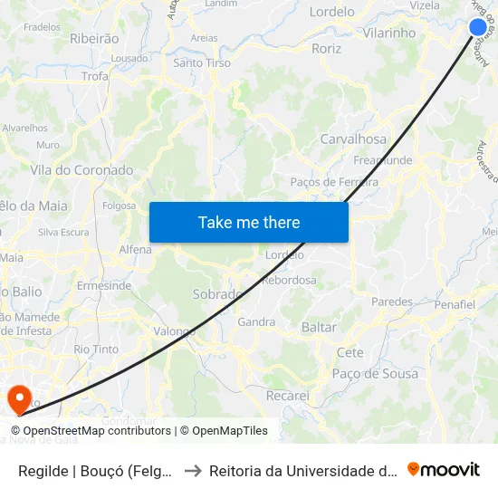 Regilde | Bouçó (Felgueiras) to Reitoria da Universidade do Porto map