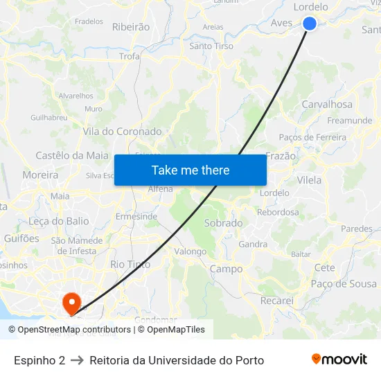 Espinho 2 to Reitoria da Universidade do Porto map