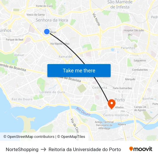 NorteShopping to Reitoria da Universidade do Porto map