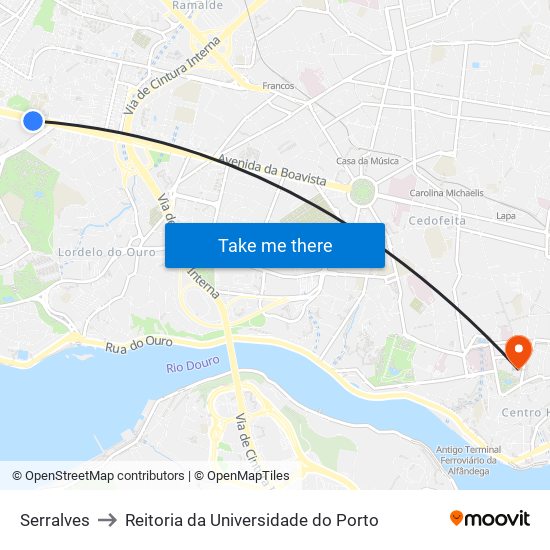 Serralves to Reitoria da Universidade do Porto map