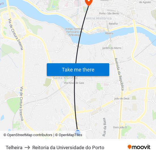 Telheira to Reitoria da Universidade do Porto map