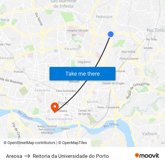 Areosa to Reitoria da Universidade do Porto map