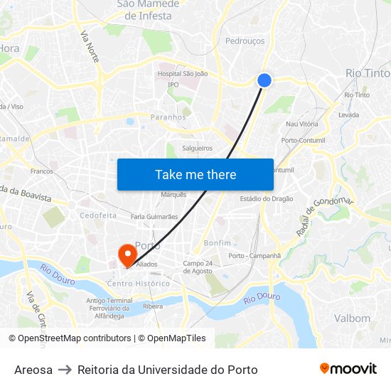 Areosa to Reitoria da Universidade do Porto map