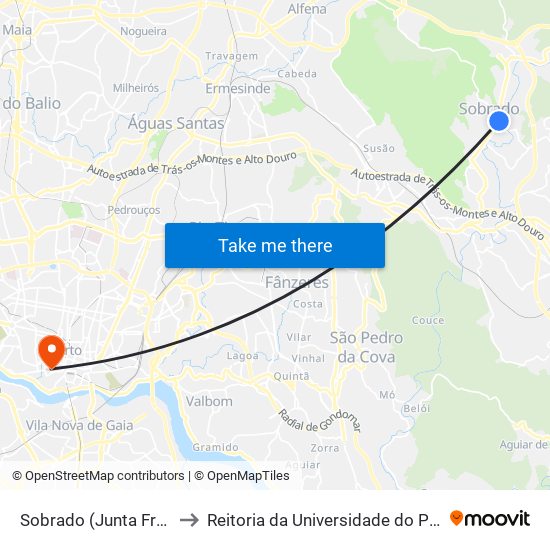 Sobrado (Junta Freg.) to Reitoria da Universidade do Porto map