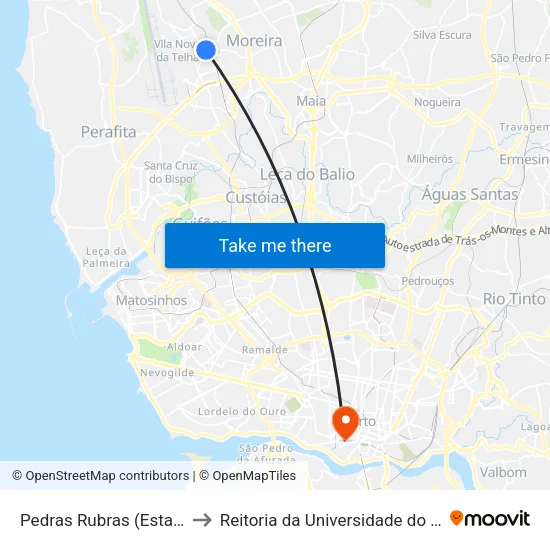 Pedras Rubras (Estação) to Reitoria da Universidade do Porto map