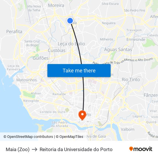 Maia (Zoo) to Reitoria da Universidade do Porto map