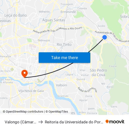 Valongo (Câmara) to Reitoria da Universidade do Porto map