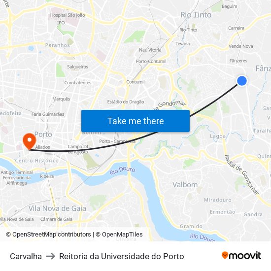 Carvalha to Reitoria da Universidade do Porto map