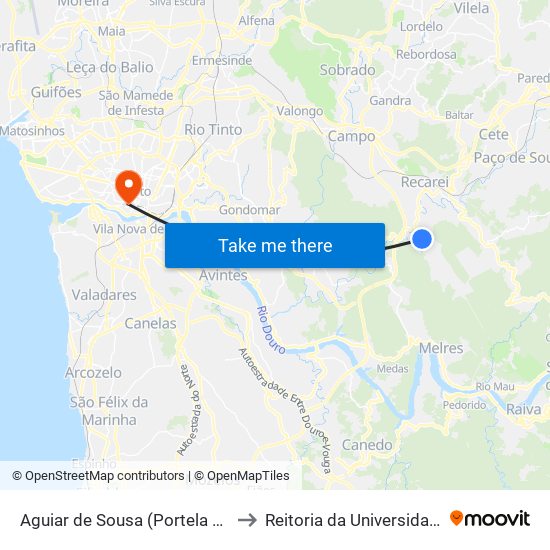 Aguiar de Sousa (Portela de Boncinhos) to Reitoria da Universidade do Porto map