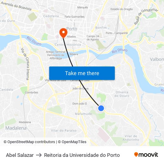 Abel Salazar to Reitoria da Universidade do Porto map