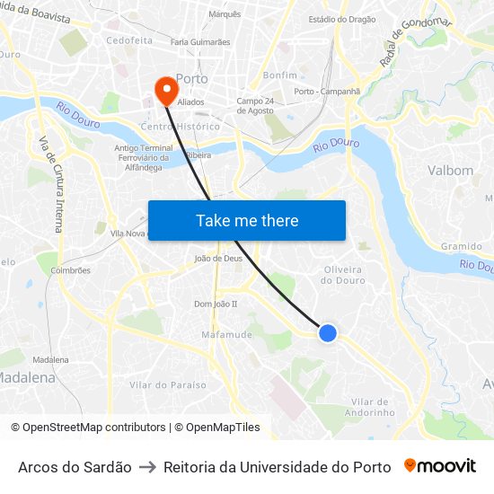 Arcos do Sardão to Reitoria da Universidade do Porto map