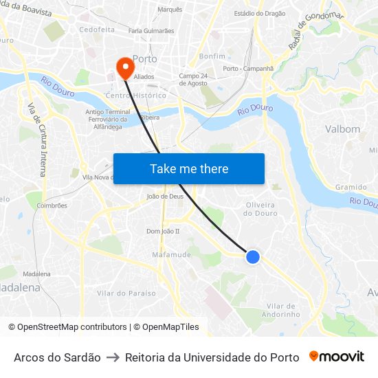 Arcos do Sardão to Reitoria da Universidade do Porto map