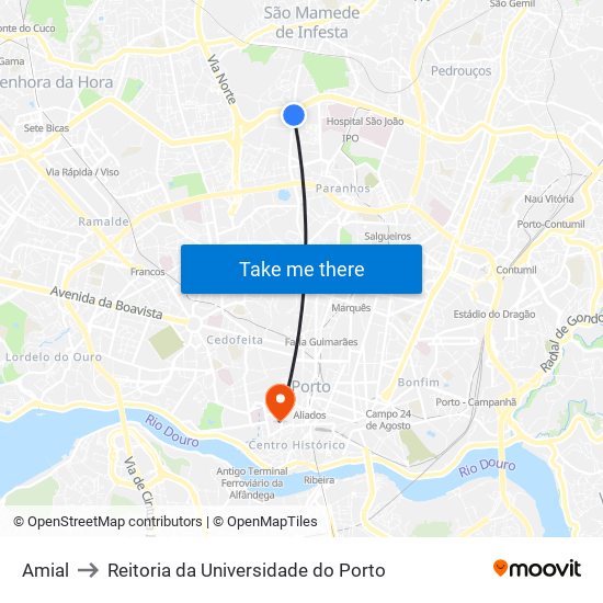 Amial to Reitoria da Universidade do Porto map