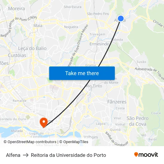 Alfena to Reitoria da Universidade do Porto map