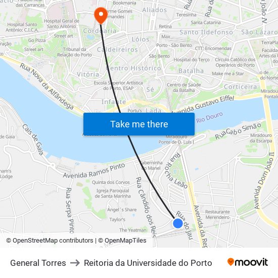 General Torres to Reitoria da Universidade do Porto map