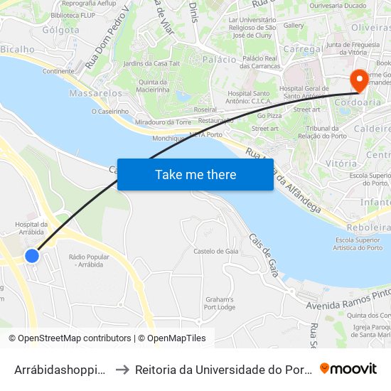 Arrábidashopping to Reitoria da Universidade do Porto map