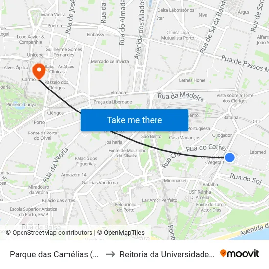 Parque das Camélias (Terminal) to Reitoria da Universidade do Porto map