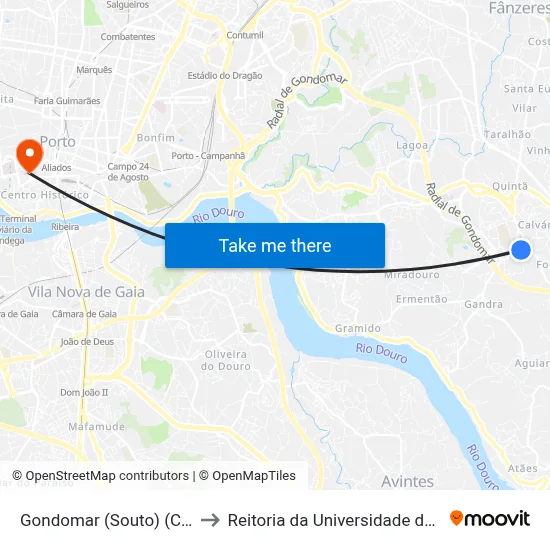 Gondomar (Souto) (Cais 6) to Reitoria da Universidade do Porto map