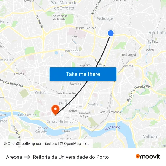 Areosa to Reitoria da Universidade do Porto map