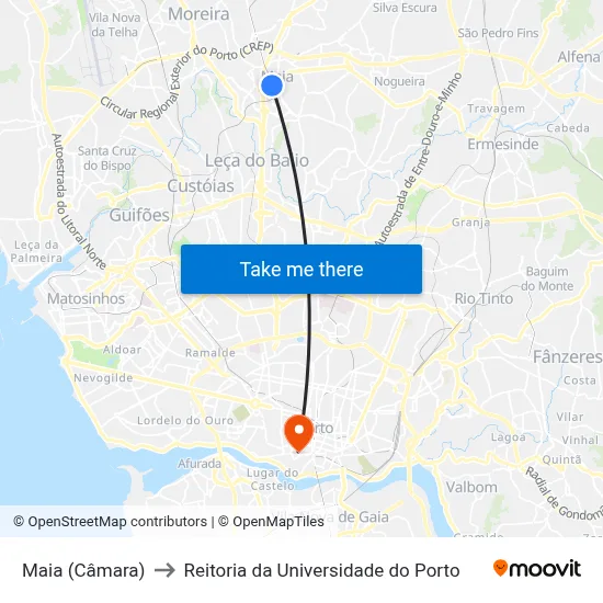 Maia (Câmara) to Reitoria da Universidade do Porto map