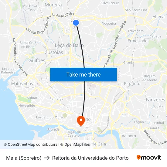 Maia (Sobreiro) to Reitoria da Universidade do Porto map