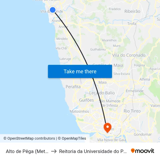Alto de Pêga (Metro) to Reitoria da Universidade do Porto map