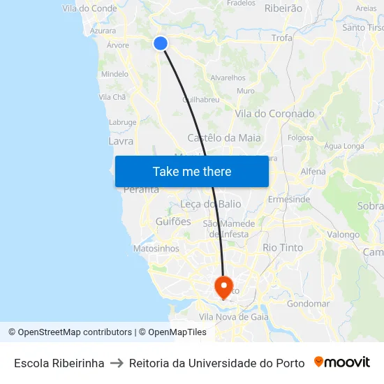 Escola Ribeirinha to Reitoria da Universidade do Porto map