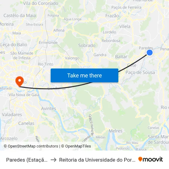 Paredes (Estação) to Reitoria da Universidade do Porto map