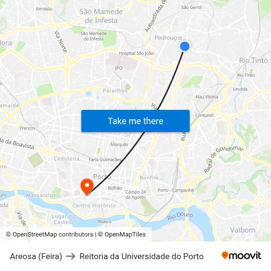 Areosa (Feira) to Reitoria da Universidade do Porto map