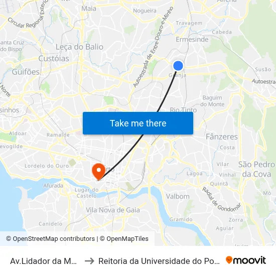 Av.Lidador da Maia to Reitoria da Universidade do Porto map