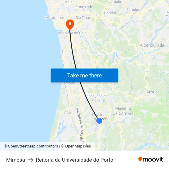 Mimosa to Reitoria da Universidade do Porto map