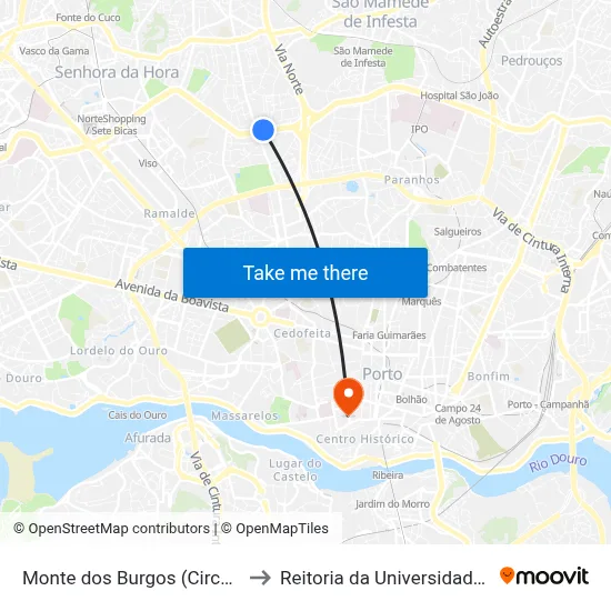 Monte dos Burgos (Circunvalação) to Reitoria da Universidade do Porto map
