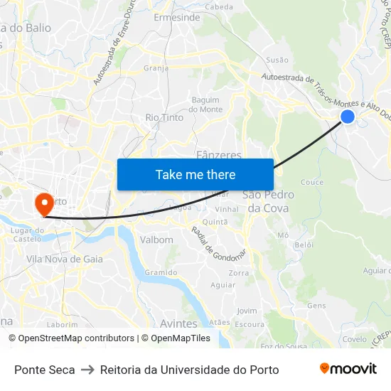 Ponte Seca to Reitoria da Universidade do Porto map