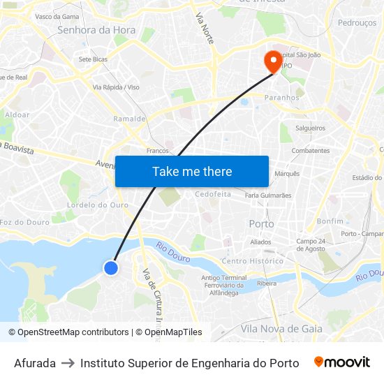 Afurada to Instituto Superior de Engenharia do Porto map