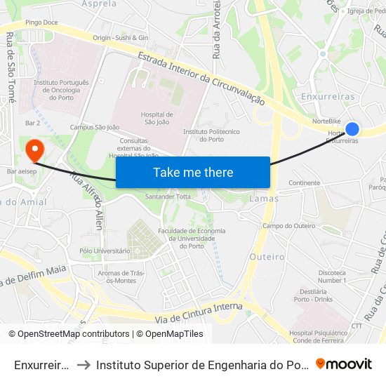 Enxurreiras to Instituto Superior de Engenharia do Porto map