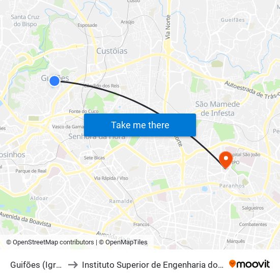 Guifões (Igreja) to Instituto Superior de Engenharia do Porto map